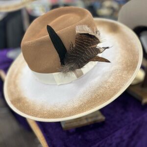 Stylish Tan and White Feathered Hat
